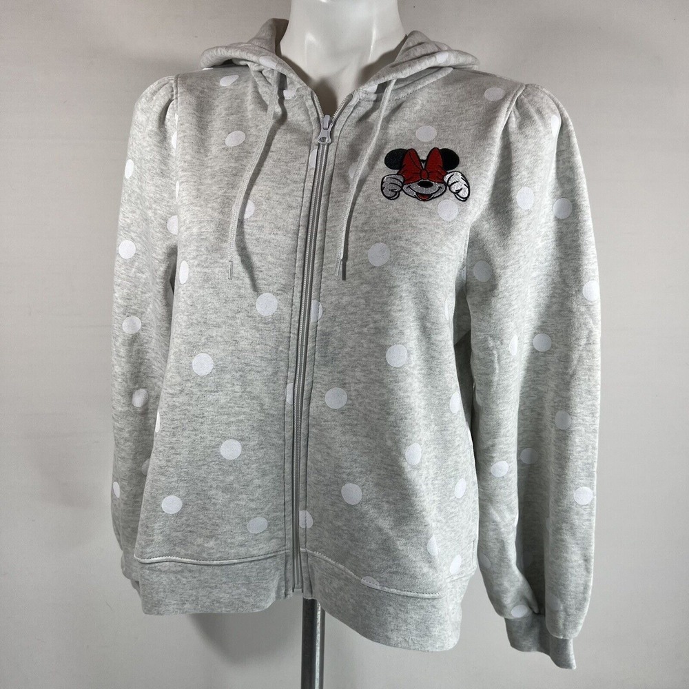 Disney Minnie Mouse Hoodie Girls Small Gray Polka Dot Cutecore Cozy Full Zip